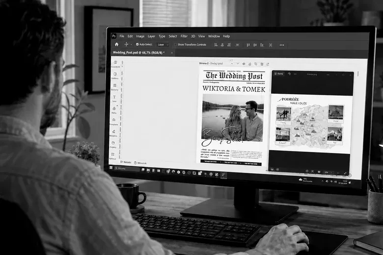 Grafik składa gazetkę weselną na komputerze - strona tytułowa i sekcja podróży