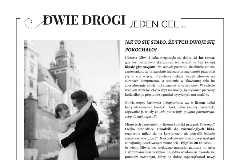 Sekcja „Jak się poznaliśmy”: nagłówek „Dwie drogi, jeden cel”, zdjęcie pary i artykuł o ich pierwszym spotkaniu