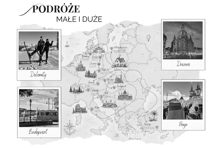 Sekcja „Podróże małe i duże”: mapa wspólnych wypraw z selfie w polaroidowych ramkach i podpisami miejsc