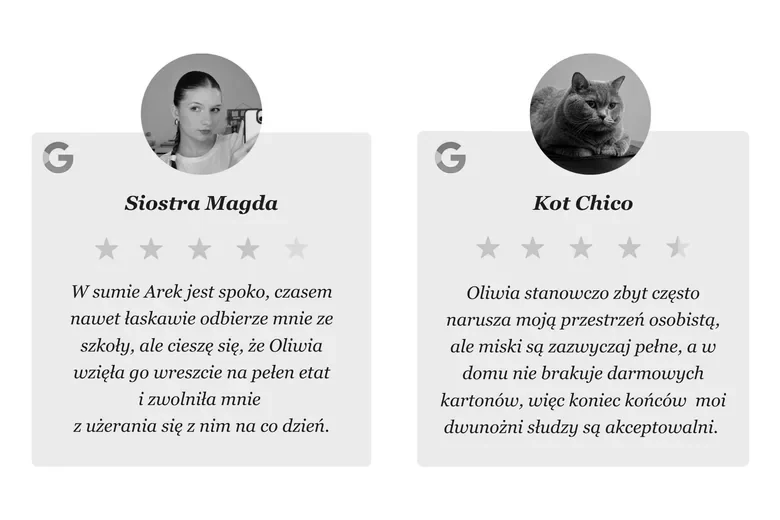 Sekcja „Opinie Google”: dwie recenzje stylizowane na opinie z internetu - jedna od siostry, druga od kota - każda ze zdjęciem, gwiazdkami i żartobliwym komentarzem