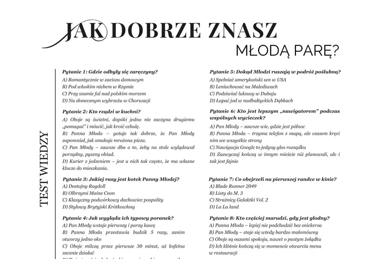 Sekcja „Jak dobrze znasz Młodą Parę?”: dwie kolumny pytań o Parę Młodą, każde z czterema odpowiedziami do wyboru - od A do D